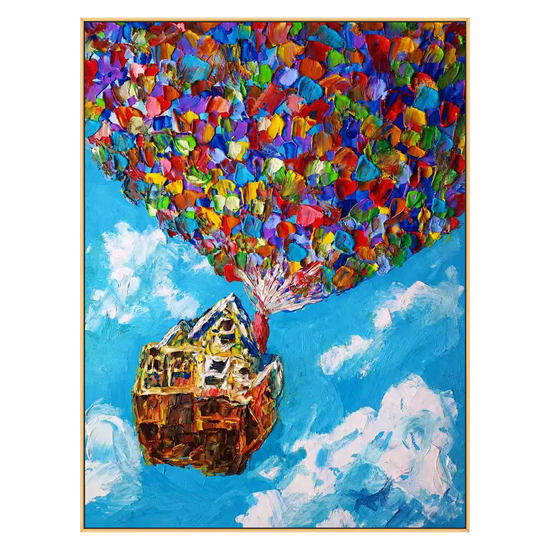 Balloon House vertical artwork in a gold frame on a transparent background.