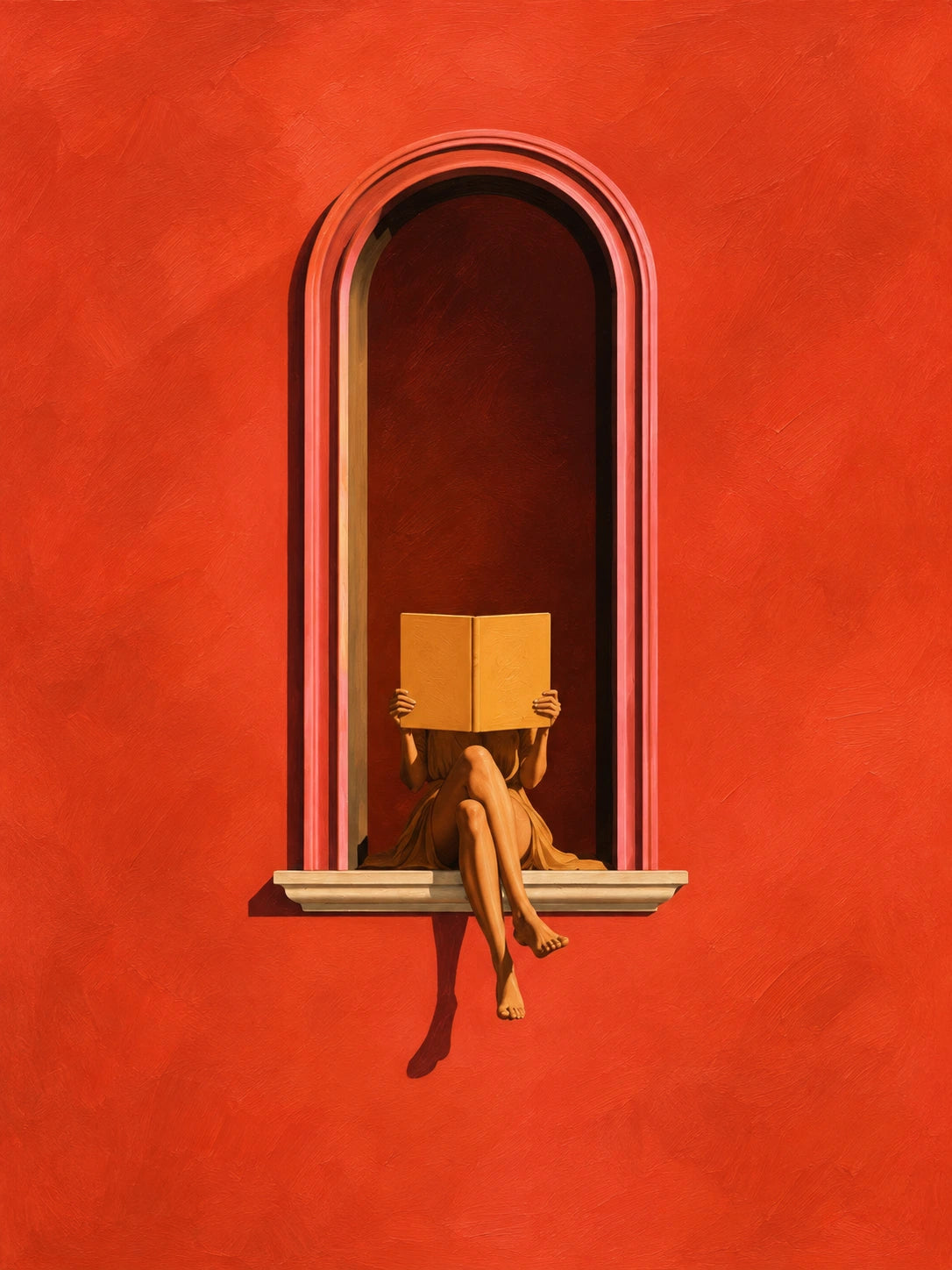 Full artwork of a woman reading a golden book in an arched window against a vivid scarlet wall.