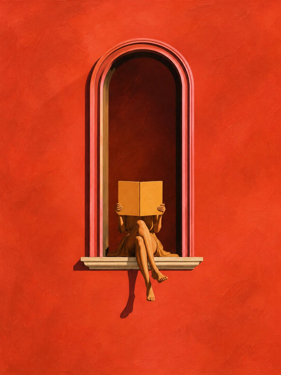 Full artwork of a woman reading a golden book in an arched window against a vivid scarlet wall.