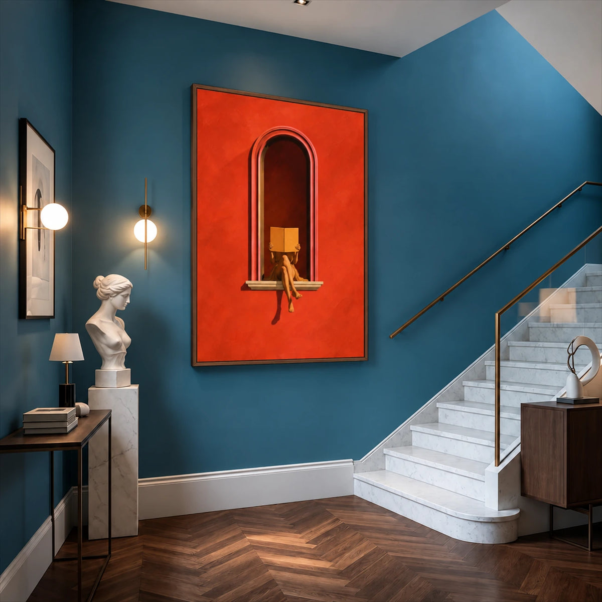 Scarlet Reader painting on a blue wall beside a staircase and a console with a sculptural bust.