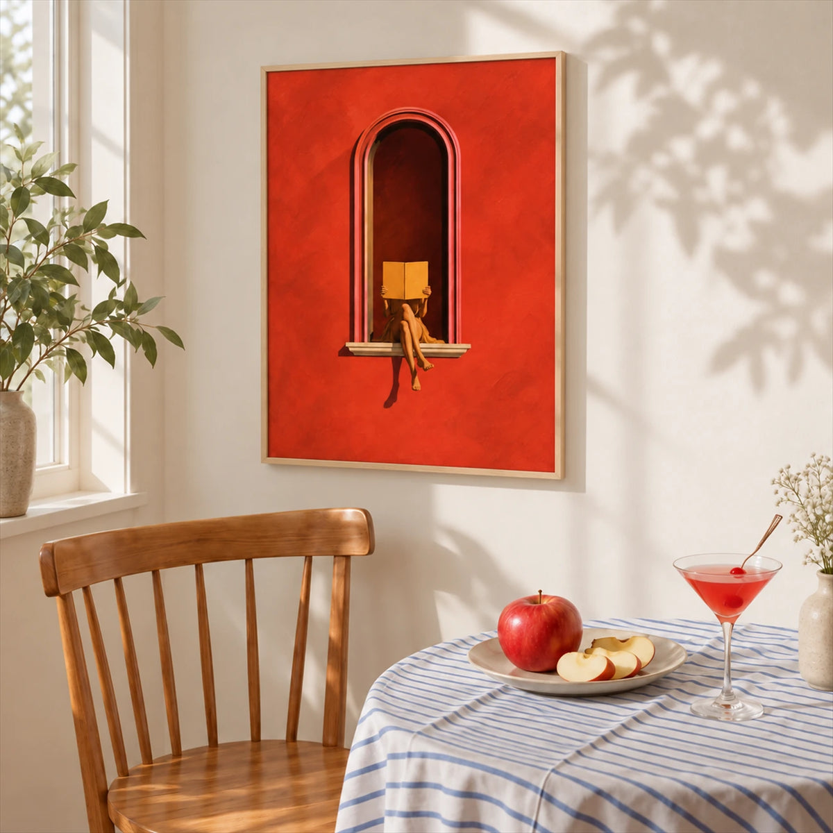 Scarlet Reader painting in a light frame above a dining table beside a bright window.