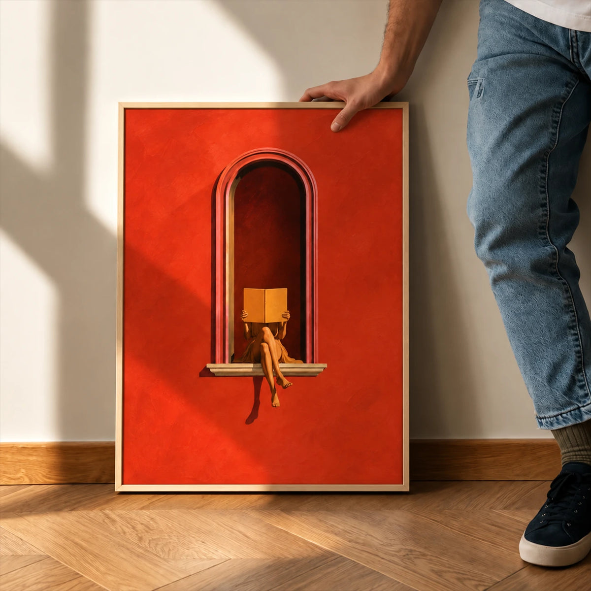Scarlet Reader painting in a thin light frame leaning against a wall beside a standing person.