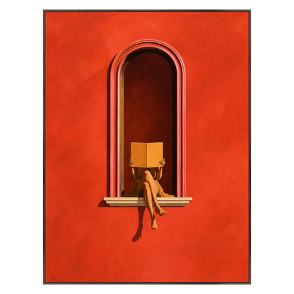 Scarlet Reader vertical artwork in a dark brown wood frame on a transparent background.