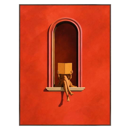 Scarlet Reader vertical artwork in a dark brown wood frame on a transparent background.