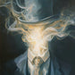Full artwork of a gentleman in a blue suit and top hat with golden smoke swirling in place of his face.