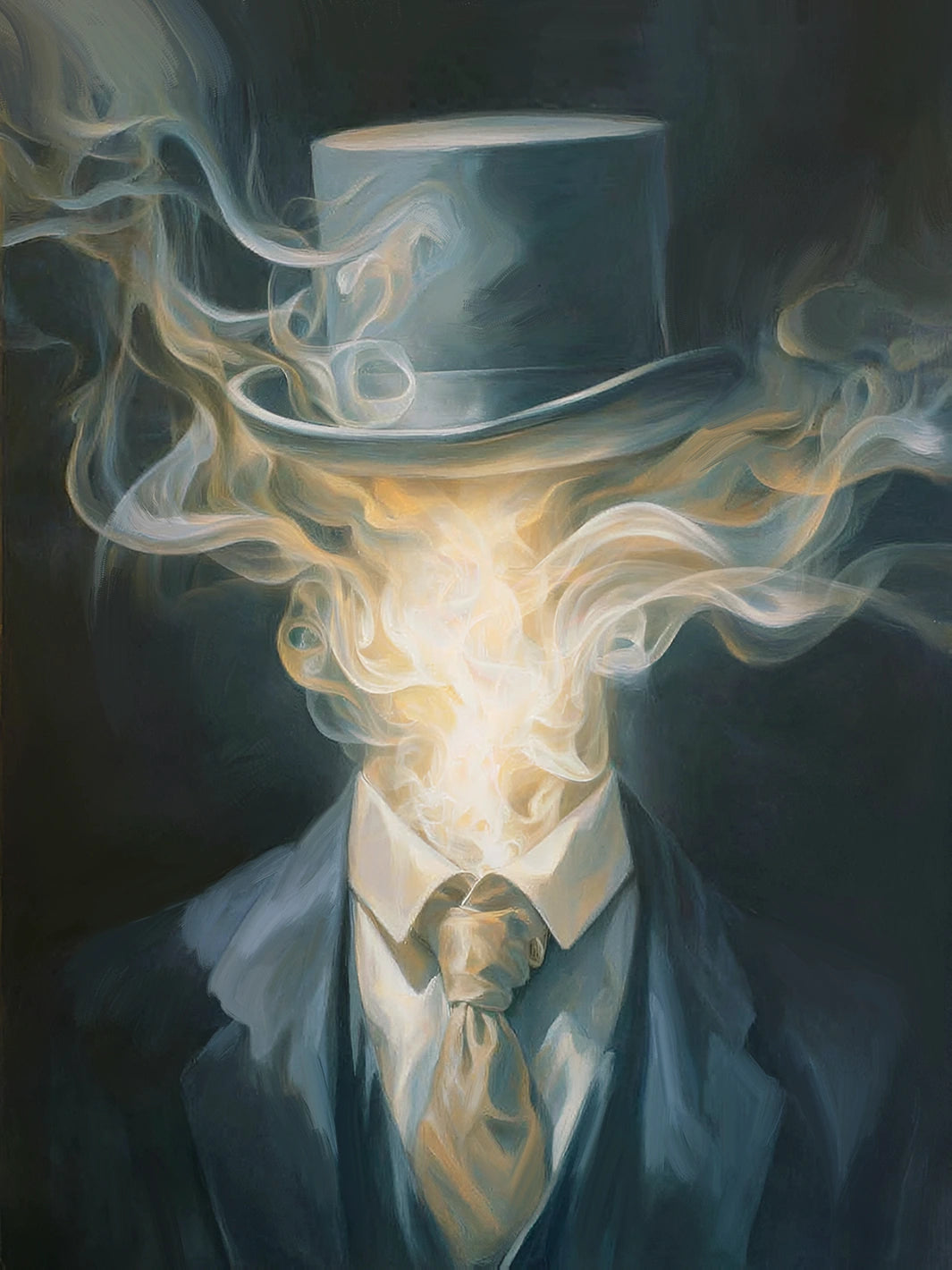 Full artwork of a gentleman in a blue suit and top hat with golden smoke swirling in place of his face.