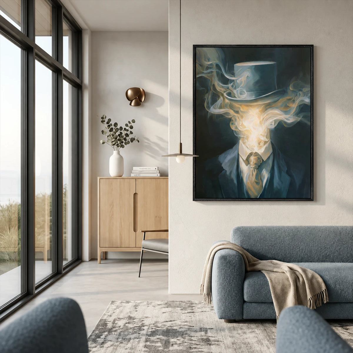 Smoke Gentleman painting above a curved gray sofa beside tall windows in a modern living room.
