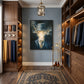 Smoke Gentleman painting displayed between wood cabinets in a walk-in dressing room.