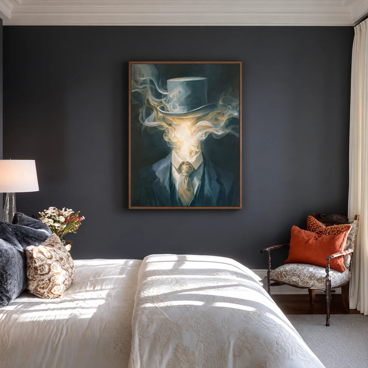 Smoke Gentleman painting above a bed against a charcoal wall beside a rust-colored chair.