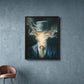 Smoke Gentleman painting in a black frame against a textured blue wall beside a muted pink chair.
