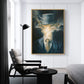 Smoke Gentleman painting in a gold-colored frame above a dark lounge chair in a light paneled room.