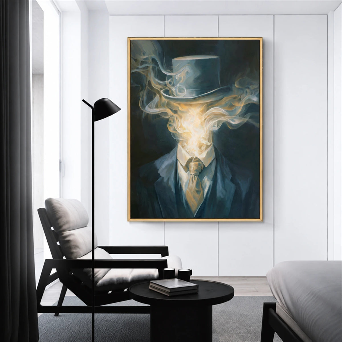 Smoke Gentleman painting in a gold-colored frame above a dark lounge chair in a light paneled room.