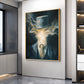 Smoke Gentleman painting in a gold-colored frame beside a window and illuminated shelving.