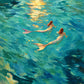 Full artwork of two mermaids gliding through turquoise water beneath shimmering golden sunlight.