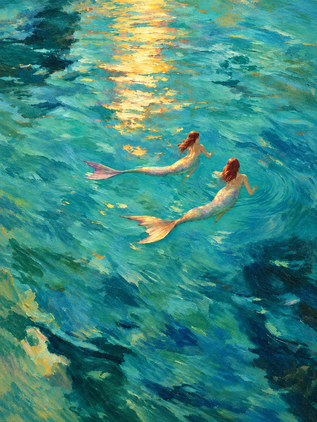 Full artwork of two mermaids gliding through turquoise water beneath shimmering golden sunlight.