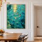 Sunlit Mermaids painting in a gold-colored frame above a wood dining table against a white paneled wall.