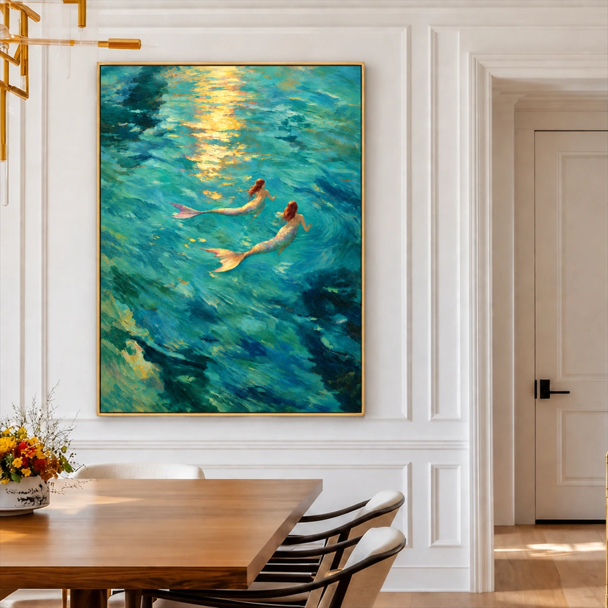 Sunlit Mermaids painting in a gold-colored frame above a wood dining table against a white paneled wall.