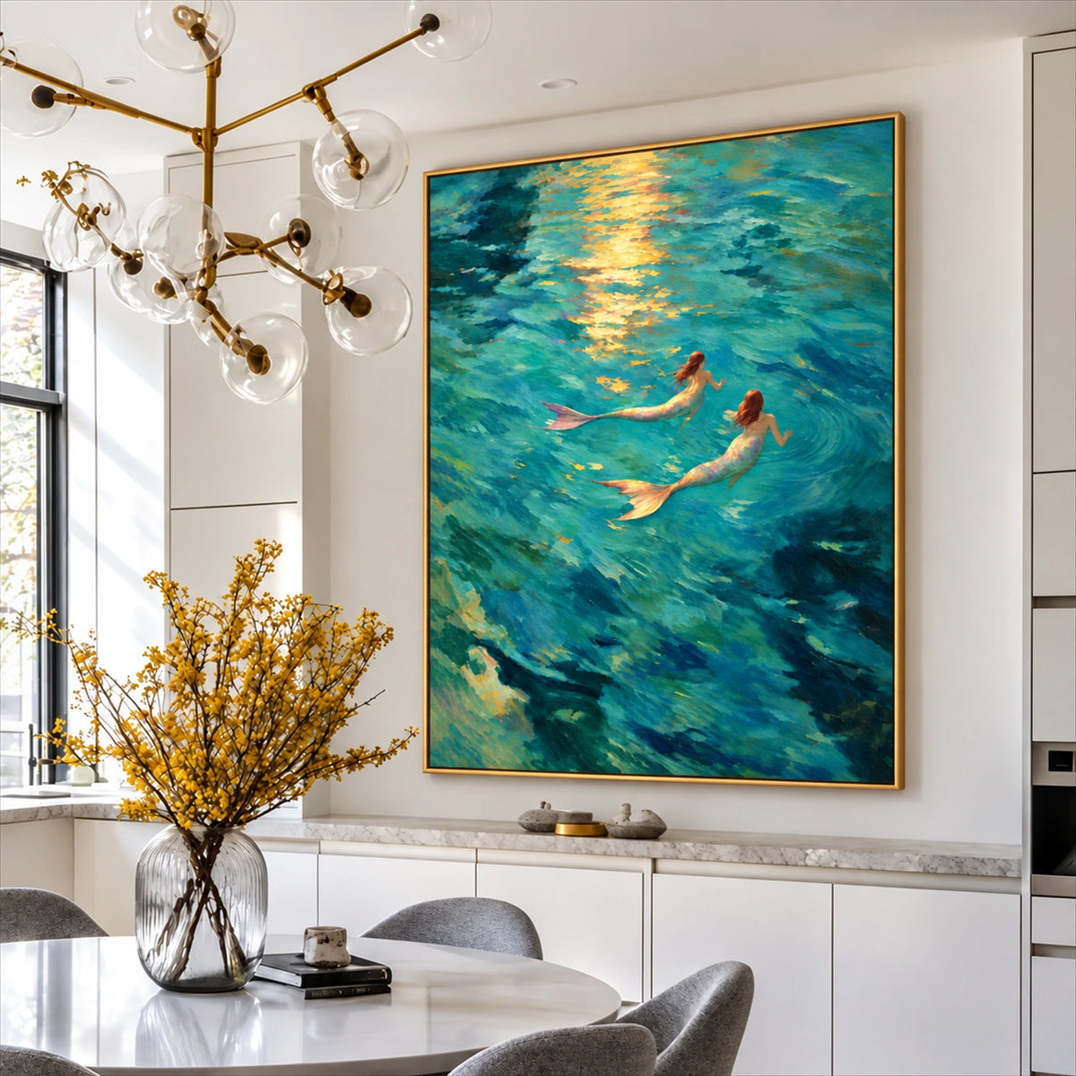 Sunlit Mermaids painting above a white sideboard beside a dining table with flowering branches.