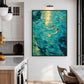 Sunlit Mermaids painting in a dark frame beside a bright kitchen and dining area.