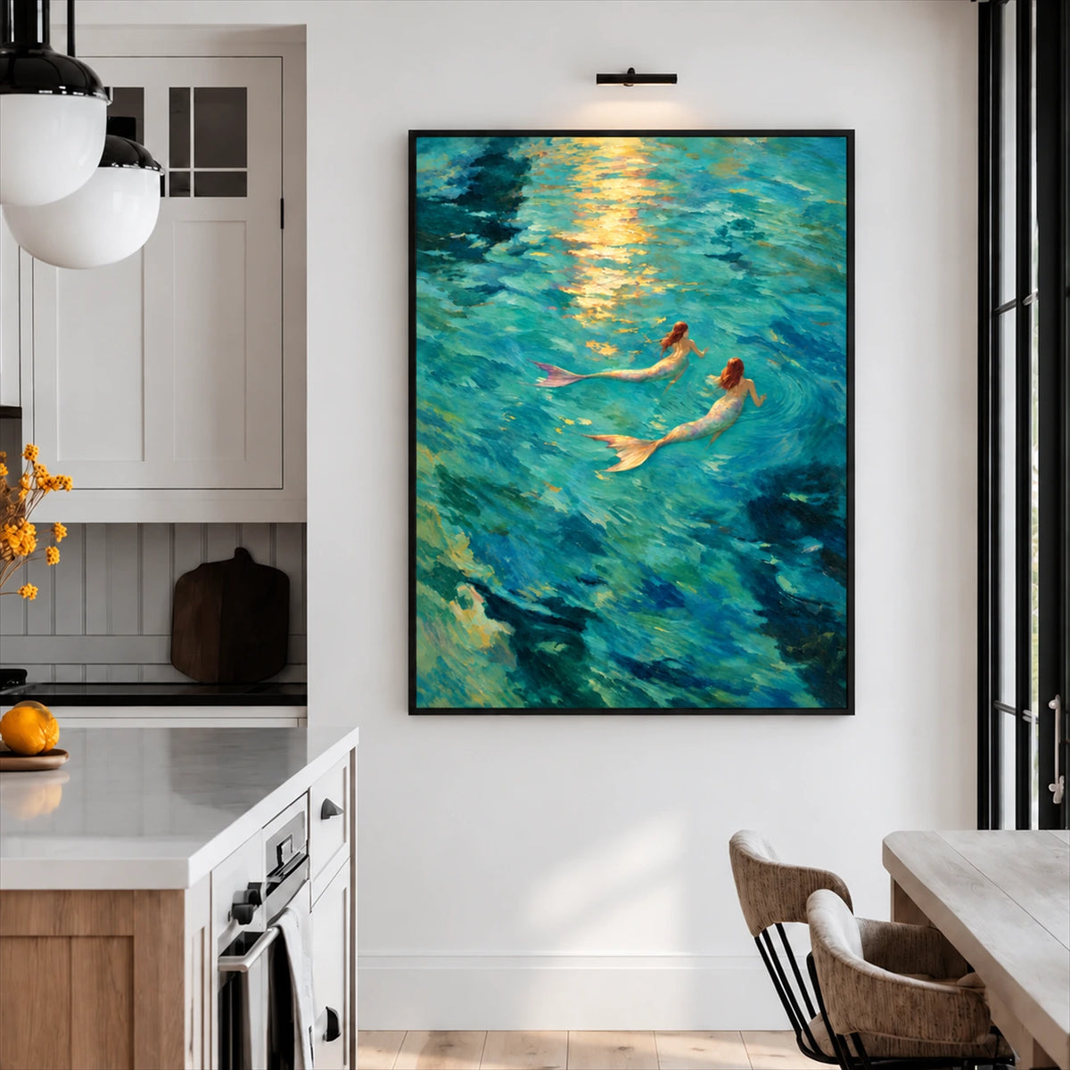 Sunlit Mermaids painting in a dark frame beside a bright kitchen and dining area.