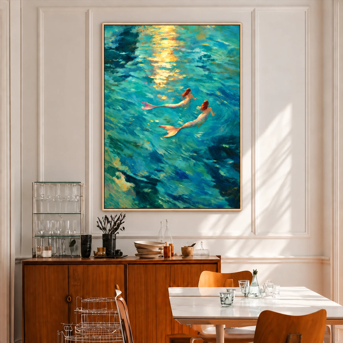 Sunlit Mermaids painting above a warm wood sideboard in a sunlit dining room.