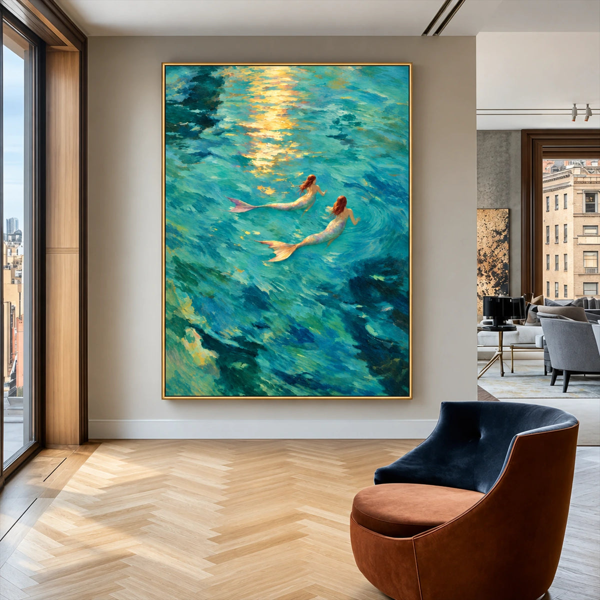 Sunlit Mermaids painting beside tall windows and a curved brown chair in a modern interior.