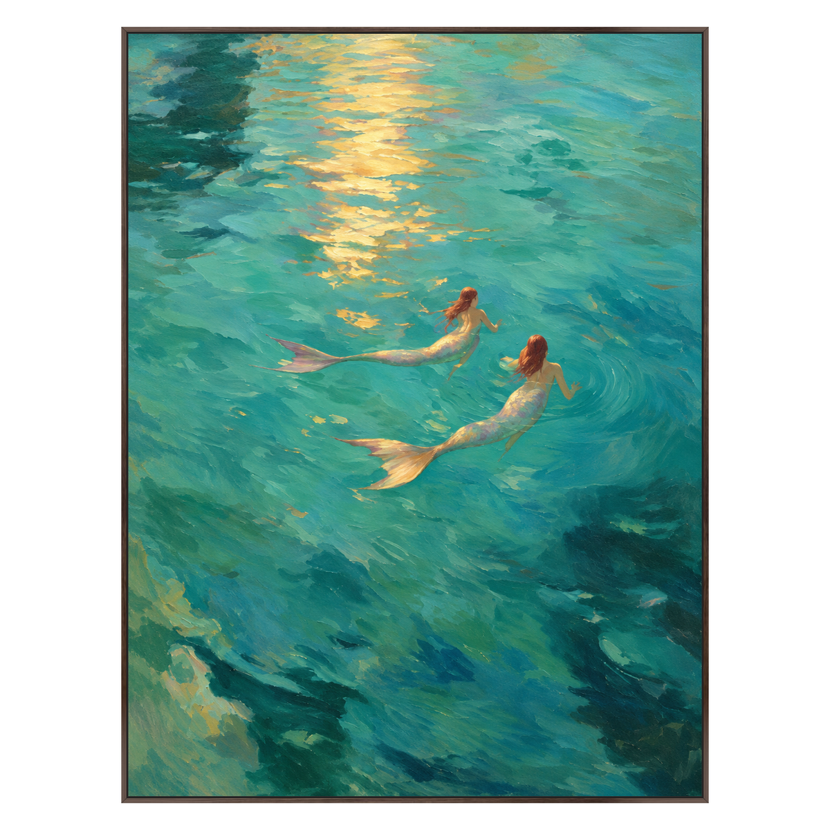 Sunlit Mermaids vertical artwork in a dark brown wood frame on a transparent background.