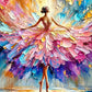 Full artwork of a dancer seen from behind with outstretched arms and a sweeping pink, violet and turquoise skirt.