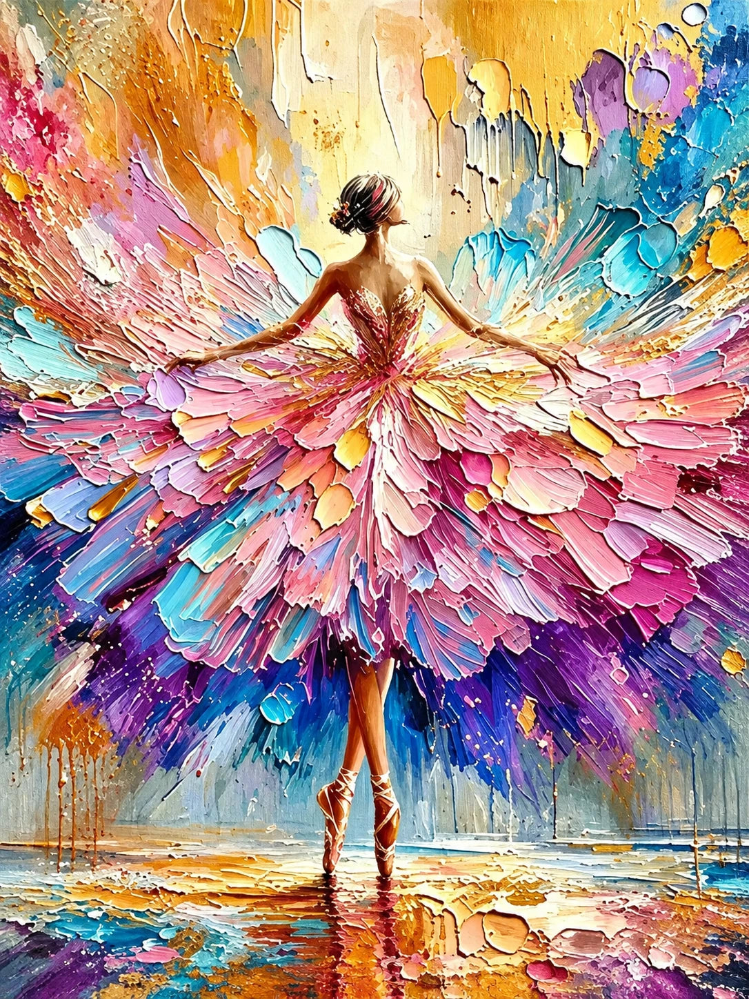 Full artwork of a dancer seen from behind with outstretched arms and a sweeping pink, violet and turquoise skirt.