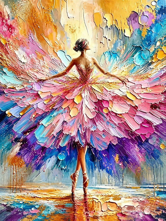 Full artwork of a dancer seen from behind with outstretched arms and a sweeping pink, violet and turquoise skirt.