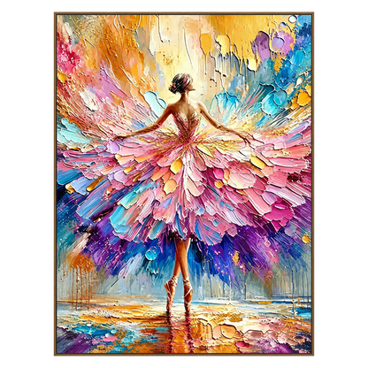 Petal Dancer vertical artwork in a natural wood frame on a transparent background.
