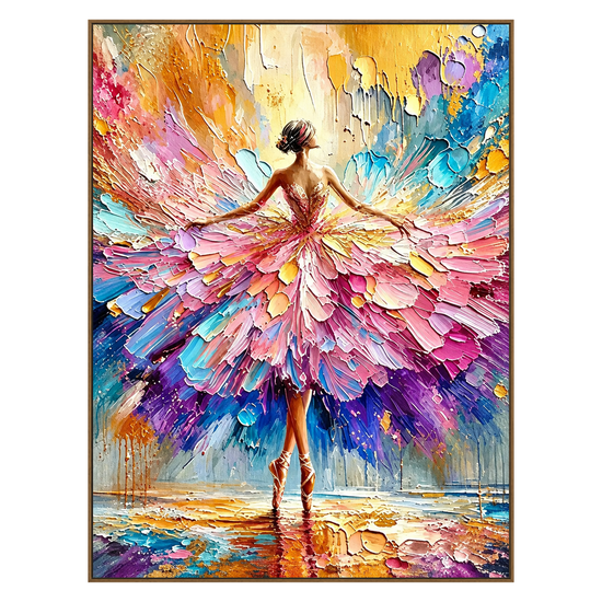 Petal Dancer vertical artwork in a natural wood frame on a transparent background.