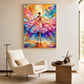 Petal Dancer painting above a cream armchair beside a round wood side table.