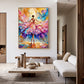 Petal Dancer painting displayed in a neutral living room with a low coffee table and pale sofa.