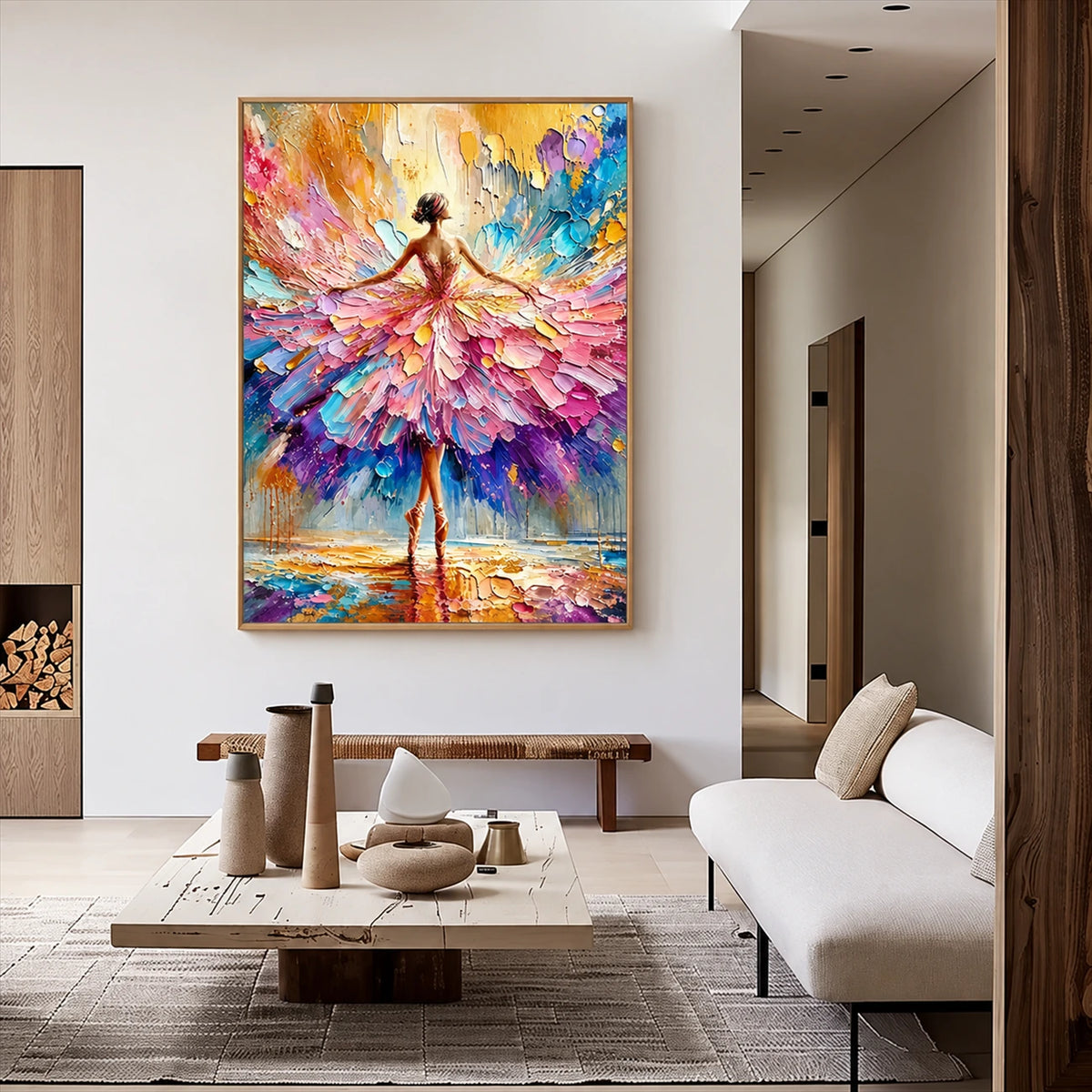 Petal Dancer painting displayed in a neutral living room with a low coffee table and pale sofa.