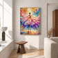 Petal Dancer painting beside a bright window and a small wood stool in a light interior.
