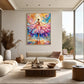 Petal Dancer painting above a cream sofa in a spacious living room with tall windows.