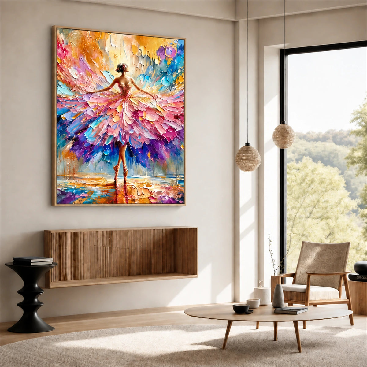 Petal Dancer painting above a wood wall cabinet beside a lounge chair and a large window.