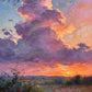 Full artwork of towering purple clouds glowing pink and gold above a wildflower meadow at sunset.