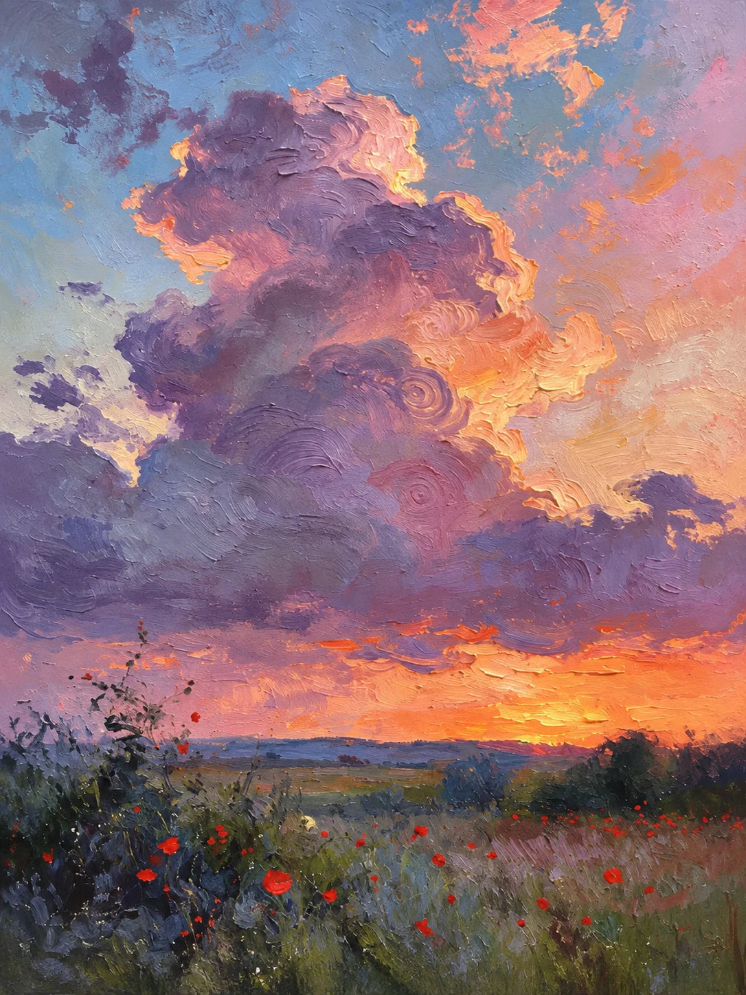 Full artwork of towering purple clouds glowing pink and gold above a wildflower meadow at sunset.