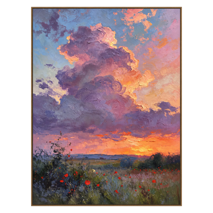 Lavender Sunset vertical artwork in a natural wood frame on a transparent background.