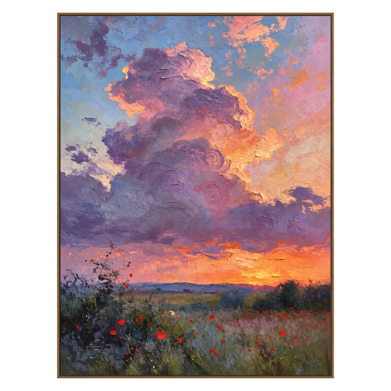 Lavender Sunset vertical artwork in a natural wood frame on a transparent background.