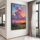 Lavender Sunset painting in a dark frame beside a tall window and mauve curtains.