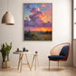 Lavender Sunset painting above small wood tables beside a woven chair and a pendant light.