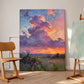 Unframed Lavender Sunset canvas leaning against a studio wall beside a chair and an easel.