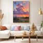 Lavender Sunset painting above a cream sofa with pastel cushions and a round wood coffee table.