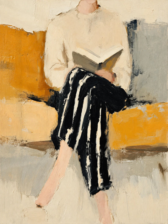 Full artwork of a seated reader holding an open book, wearing a cream blouse and striped black trousers against an ochre and gray background.