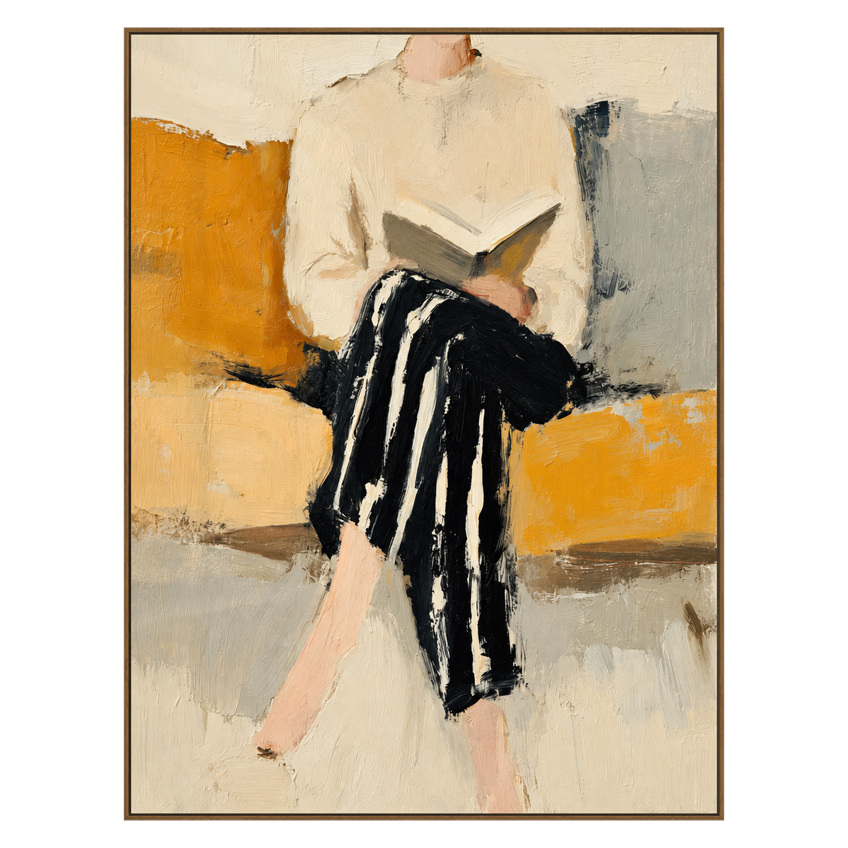 Ochre Reader vertical artwork in a natural wood frame on a transparent background.