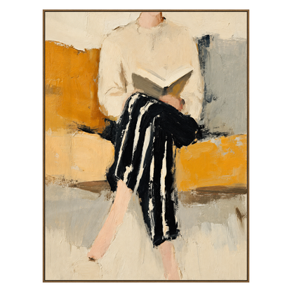 Ochre Reader vertical artwork in a natural wood frame on a transparent background.