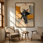 Ochre Reader painting above two upholstered armchairs beside a sunlit wood-framed window.